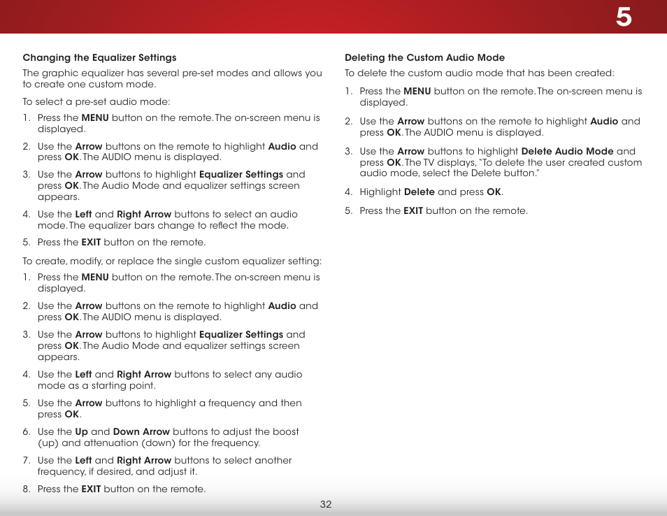 Changing the equalizer settings, Deleting the custom audio mode, Deleting the | Vizio E500i-B1 - User Manual User Manual | Page 38 / 75