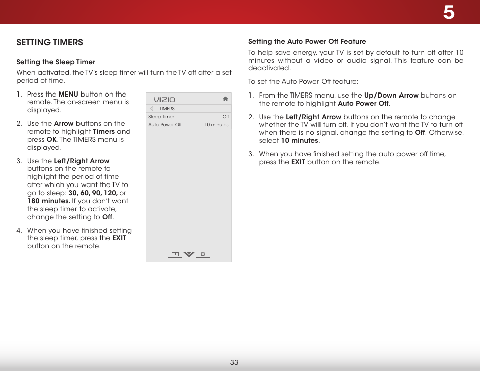 Setting timers, Setting the sleep timer, Setting the auto power off feature | Vizio E500i-B1 - User Manual User Manual | Page 39 / 75