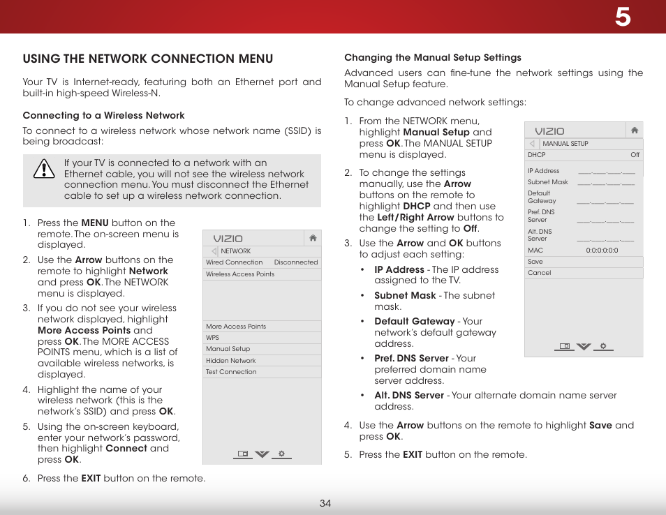 Using the network connection menu, Connecting to a wireless network, Changing the manual setup settings | Vizio E500i-B1 - User Manual User Manual | Page 40 / 75