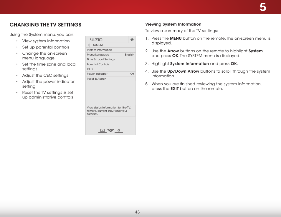 Changing the tv settings, Viewing system information | Vizio E500i-B1 - User Manual User Manual | Page 49 / 75