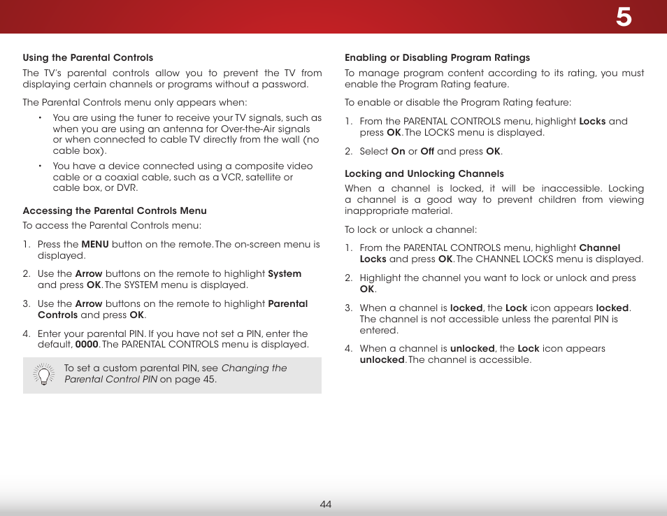 Using the parental controls, Accessing the parental controls menu, Enabling or disabling program ratings | Locking and unlocking channels | Vizio E500i-B1 - User Manual User Manual | Page 50 / 75