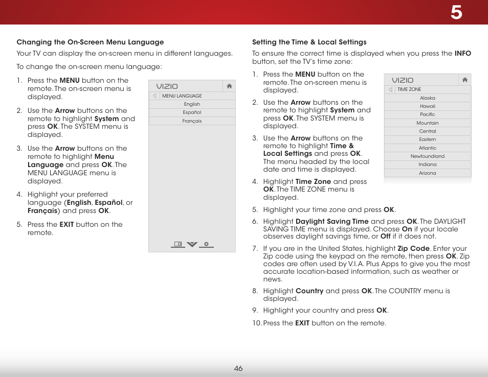 Changing the on-screen menu language, Setting the time & local settings | Vizio E500i-B1 - User Manual User Manual | Page 52 / 75