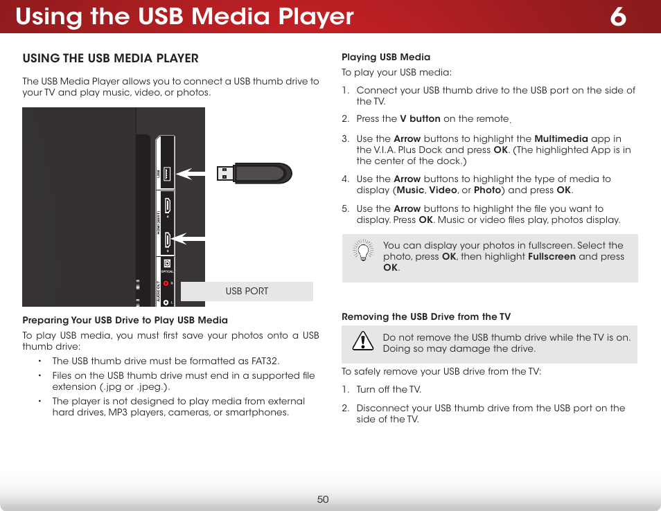 Using the usb media player, Preparing your usb drive to play usb media, Playing usb media | Removing the usb drive from the tv | Vizio E500i-B1 - User Manual User Manual | Page 56 / 75