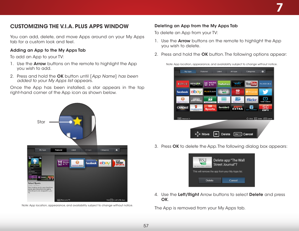 Customizing the v.i.a. plus apps window, Adding an app to the my apps tab, Deleting an app from the my apps tab | Vizio E500i-B1 - User Manual User Manual | Page 63 / 75