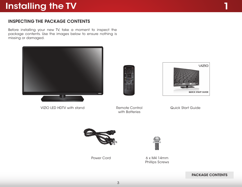 Installing the tv, Inspecting the package contents | Vizio E500i-B1 - User Manual User Manual | Page 9 / 75