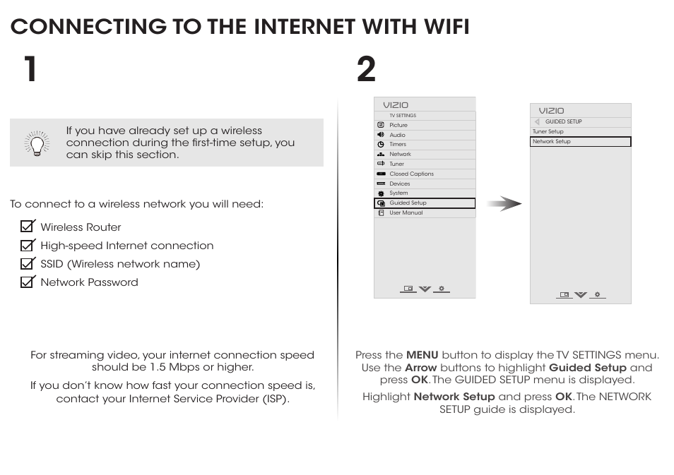 Connecting to the internet with wifi | Vizio E500i-B1 - Quickstart Guide User Manual | Page 12 / 24