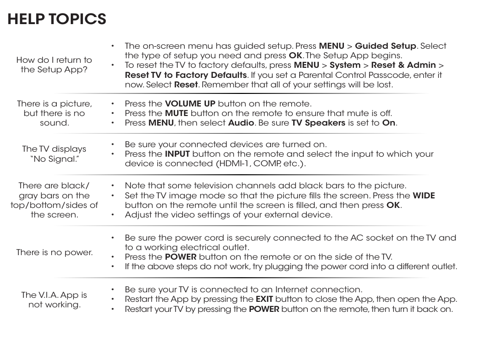 Help topics | Vizio E500i-B1 - Quickstart Guide User Manual | Page 20 / 24