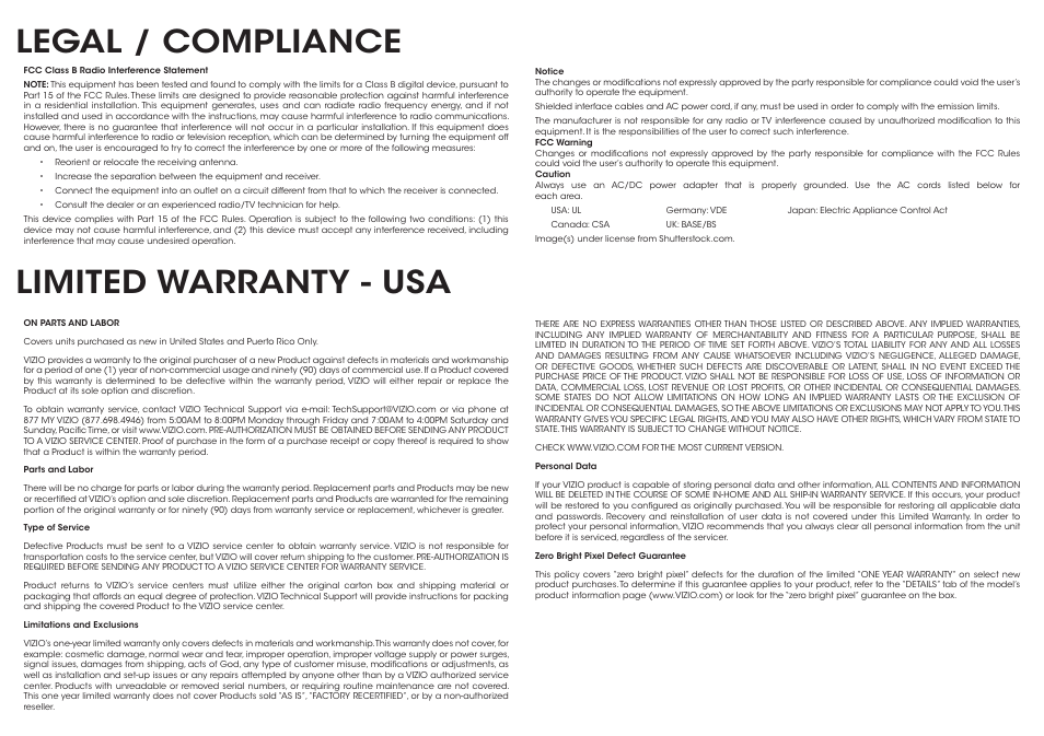 Legal / compliance, Limited warranty - usa | Vizio E500i-B1 - Quickstart Guide User Manual | Page 21 / 24