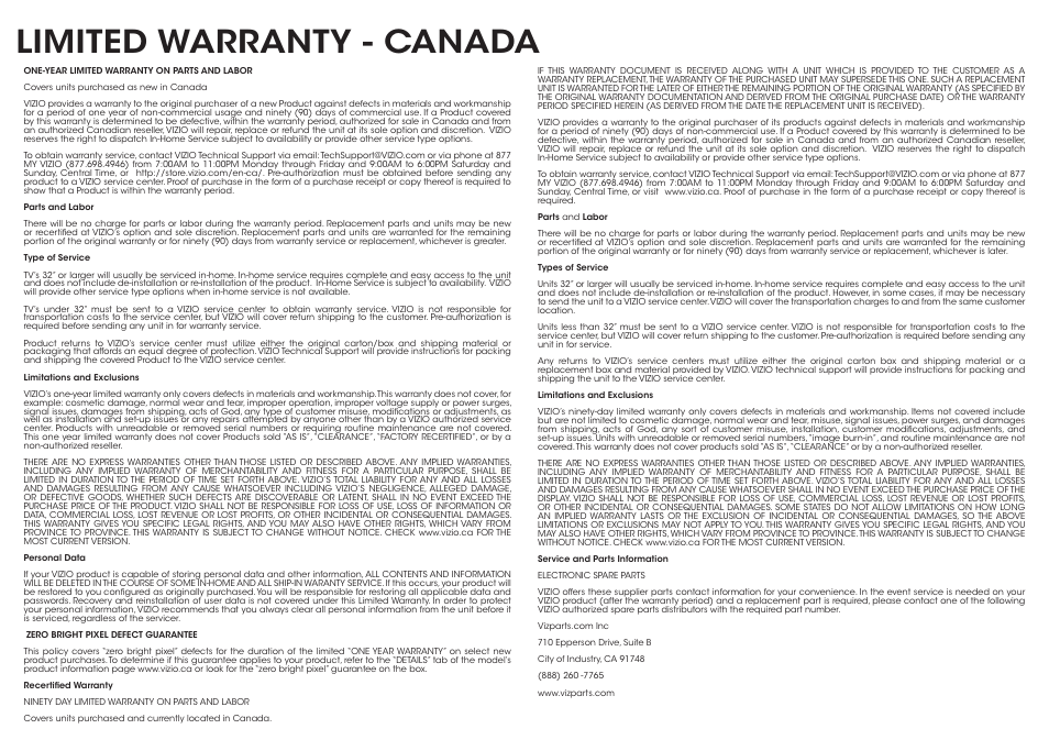 Limited warranty - canada | Vizio E500i-B1 - Quickstart Guide User Manual | Page 22 / 24