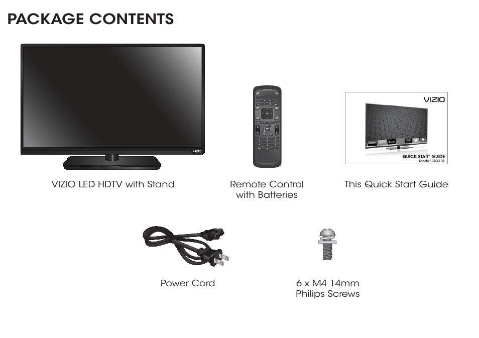 Package contents | Vizio E500i-B1 - Quickstart Guide User Manual | Page 4 / 24