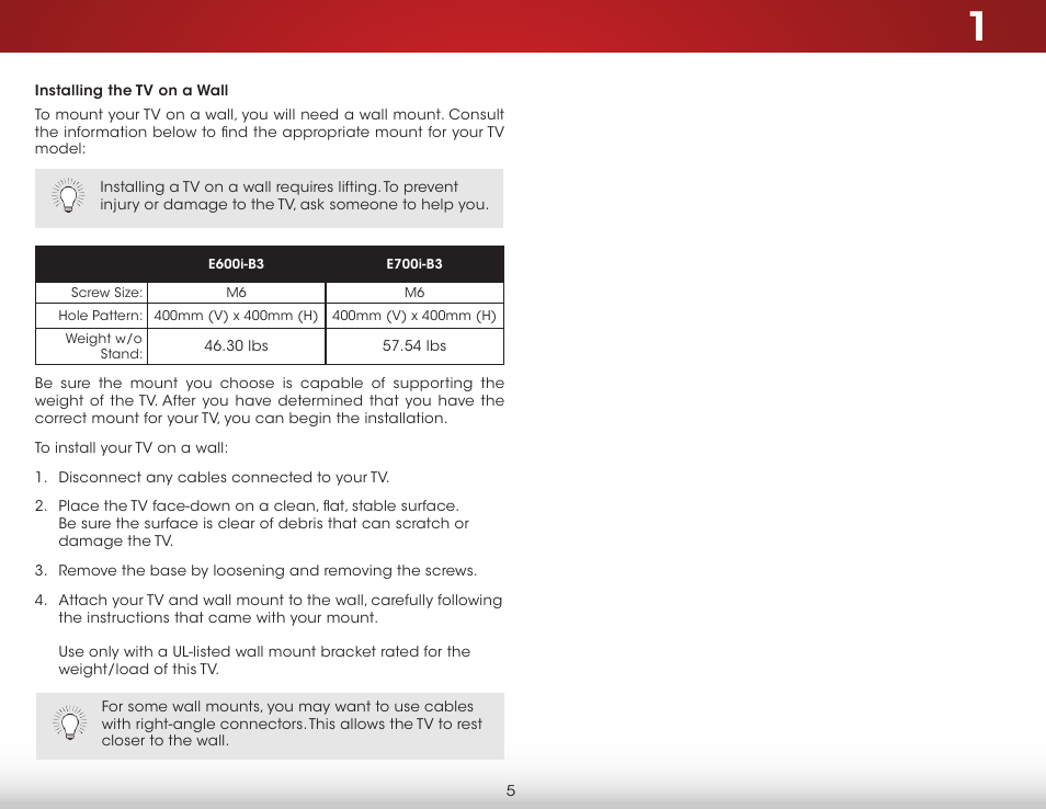 Installing the tv on a wall | Vizio E600i-B3 - User Manual User Manual | Page 11 / 75