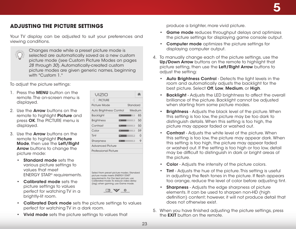 Adjusting the picture settings | Vizio E600i-B3 - User Manual User Manual | Page 29 / 75