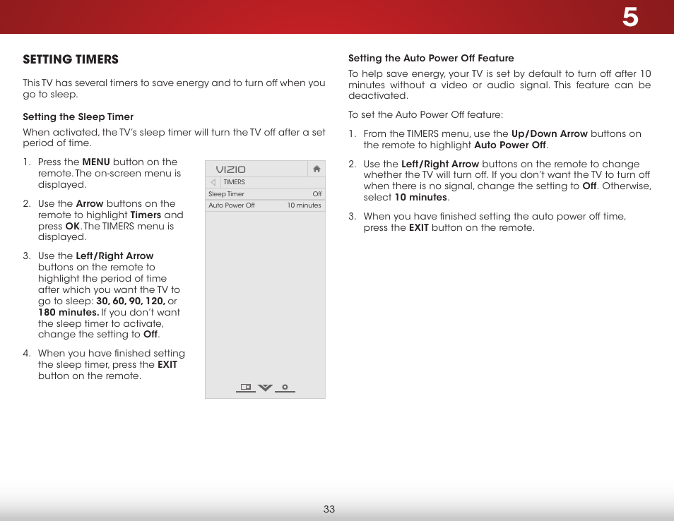 Setting timers, Setting the sleep timer, Setting the auto power off feature | Vizio E600i-B3 - User Manual User Manual | Page 39 / 75