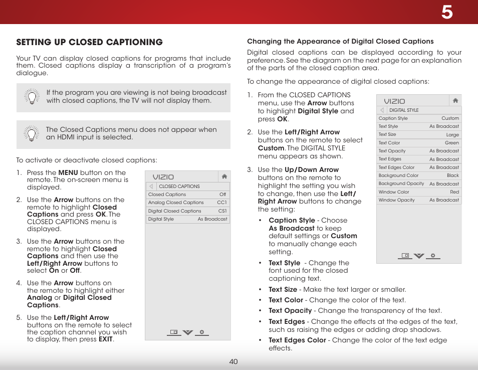 Setting up closed captioning, Changing the appearance of digital closed captions | Vizio E600i-B3 - User Manual User Manual | Page 46 / 75