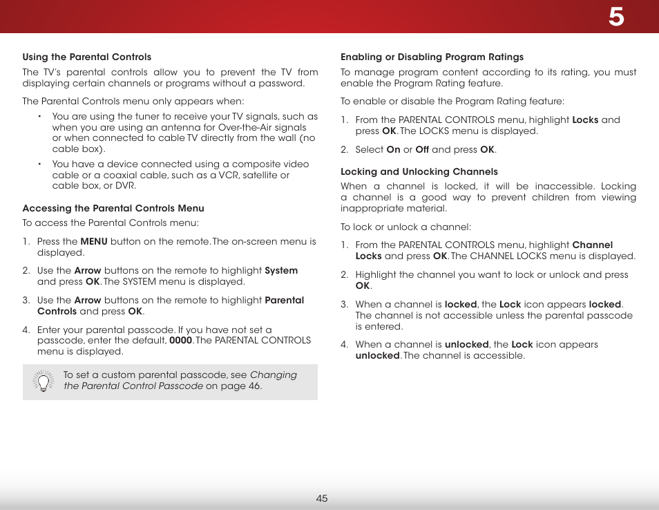 Using the parental controls, Accessing the parental controls menu, Enabling or disabling program ratings | Locking and unlocking channels | Vizio E600i-B3 - User Manual User Manual | Page 51 / 75