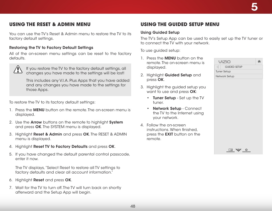 Using the reset & admin menu, Restoring the tv to factory default settings, Using the guided setup menu | Using guided setup | Vizio E600i-B3 - User Manual User Manual | Page 54 / 75