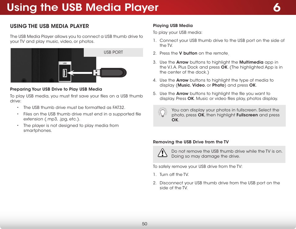 Using the usb media player, Preparing your usb drive to play usb media, Playing usb media | Removing the usb drive from the tv | Vizio E600i-B3 - User Manual User Manual | Page 56 / 75