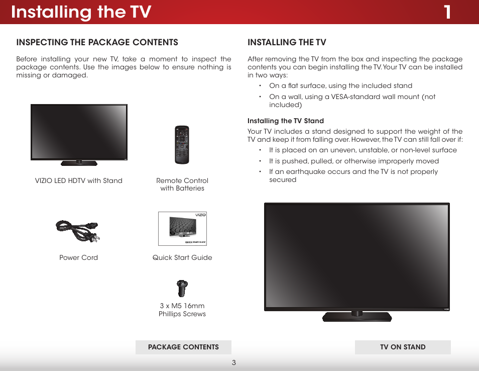 Installing the tv, Inspecting the package contents, Installing the tv stand | Inspecting the package contents installing the tv | Vizio E600i-B3 - User Manual User Manual | Page 9 / 75