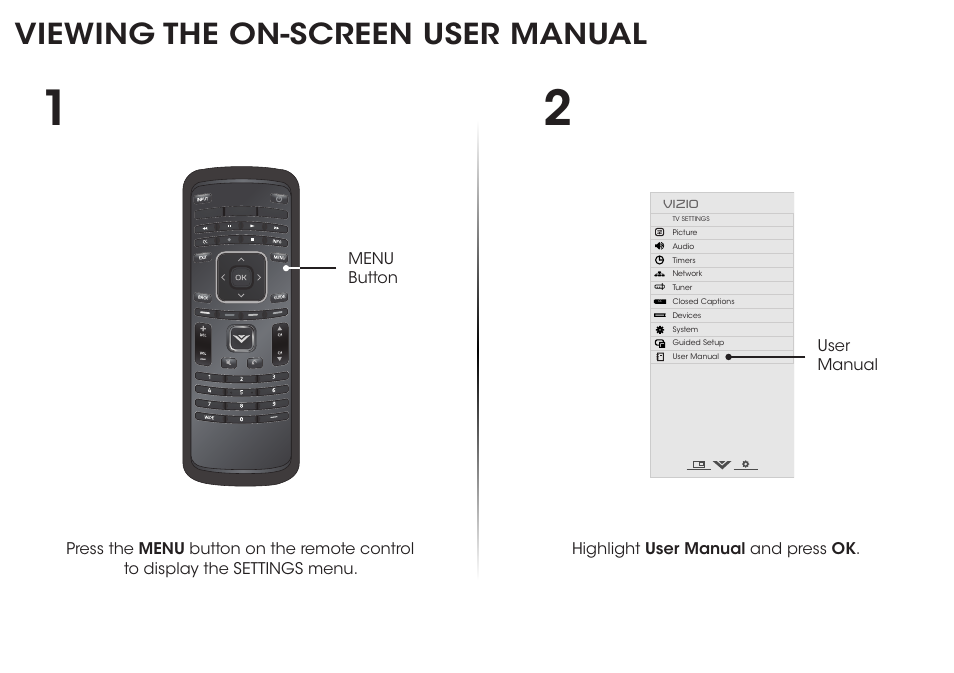 Viewing the on-screen user manual, Highlight user manual and press ok, User manual | Vizio E700i-B3 - Quickstart Guide User Manual | Page 14 / 24