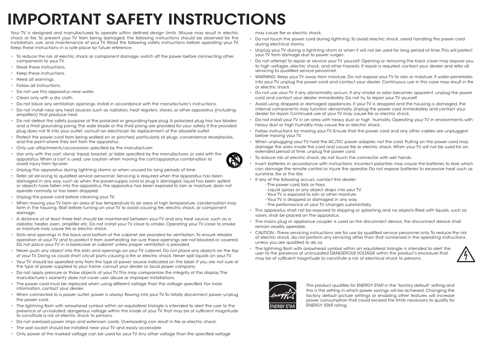 Important safety instructions | Vizio E700i-B3 - Quickstart Guide User Manual | Page 2 / 24