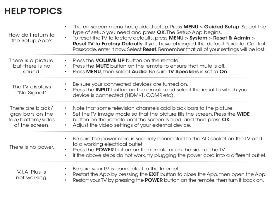 Help topics | Vizio E700i-B3 - Quickstart Guide User Manual | Page 20 / 24