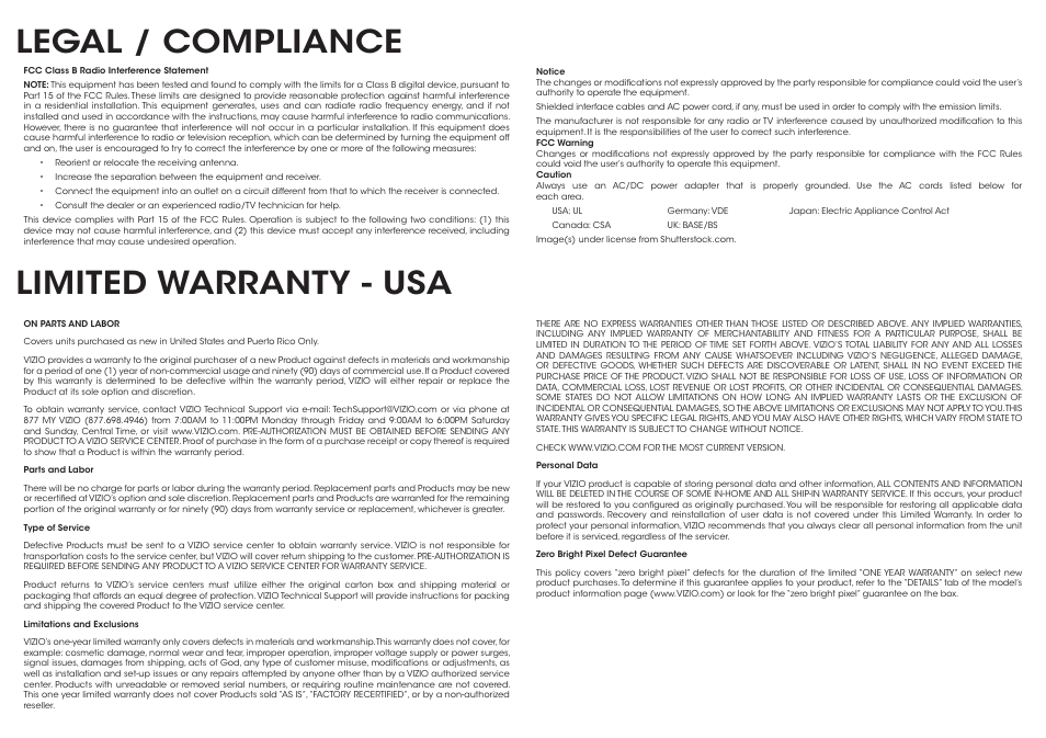 Legal / compliance, Limited warranty - usa | Vizio E700i-B3 - Quickstart Guide User Manual | Page 21 / 24