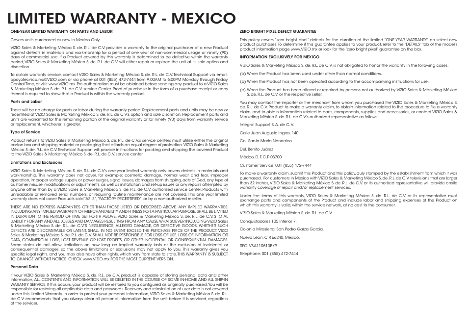 Limited warranty - mexico | Vizio E700i-B3 - Quickstart Guide User Manual | Page 23 / 24