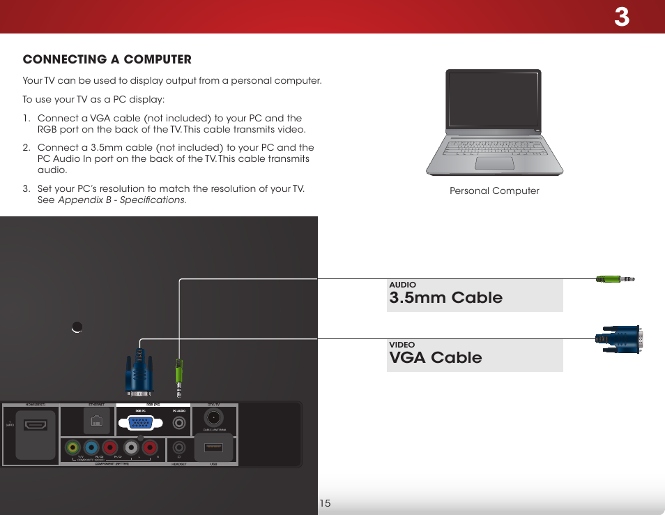 Vga cable, 5mm cable | Vizio E241i-B1 - User Manual User Manual | Page 21 / 77