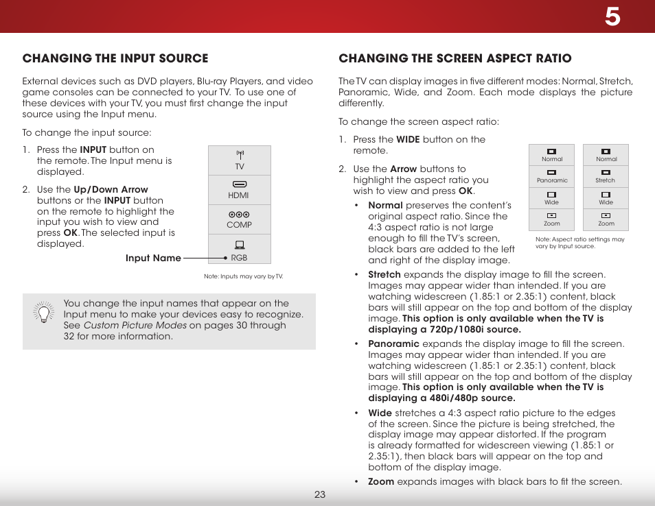 Changing the input source, Changing the screen aspect ratio | Vizio E241i-B1 - User Manual User Manual | Page 29 / 77