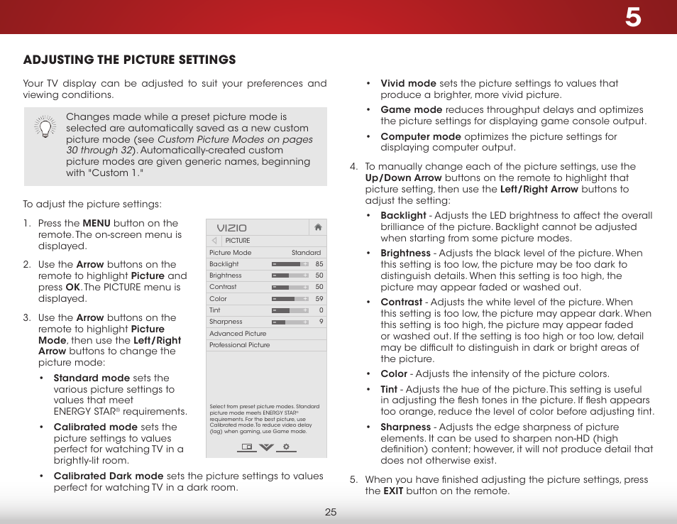 Adjusting the picture settings | Vizio E241i-B1 - User Manual User Manual | Page 31 / 77