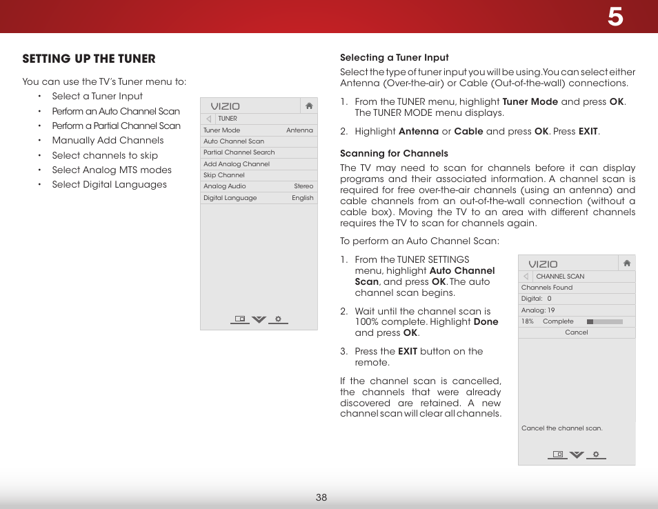 Setting up the tuner, Vizio | Vizio E241i-B1 - User Manual User Manual | Page 44 / 77