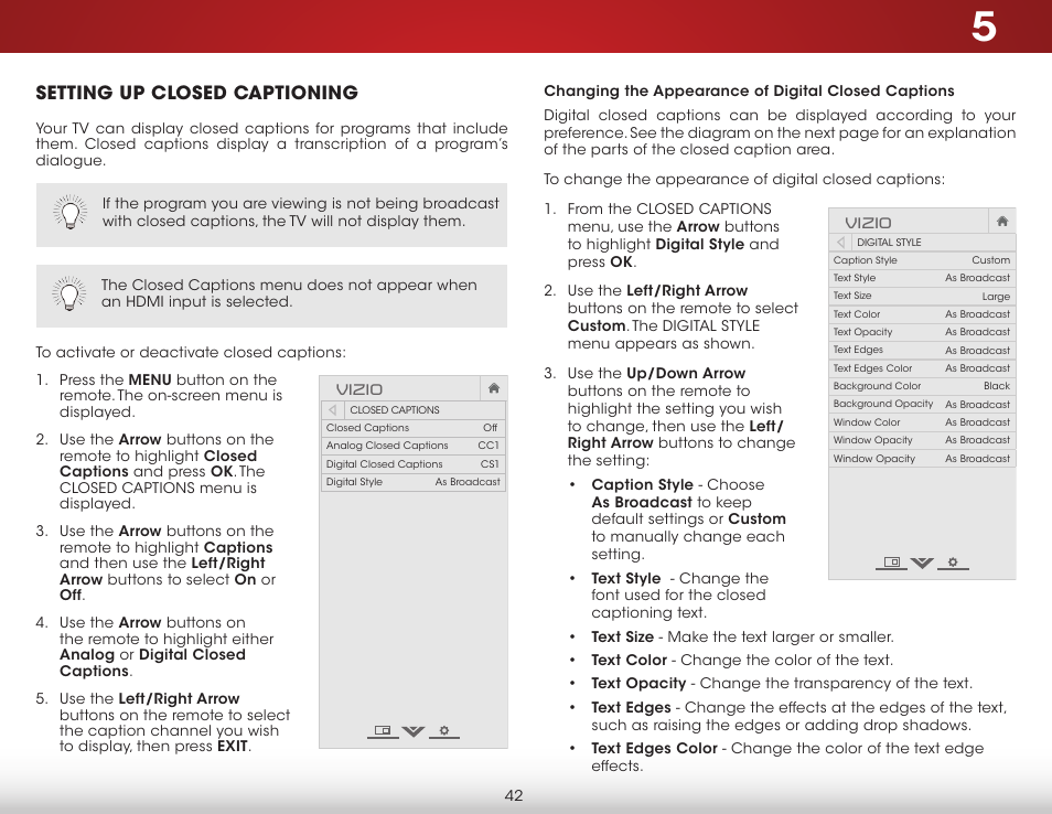 Setting up closed captioning | Vizio E241i-B1 - User Manual User Manual | Page 48 / 77