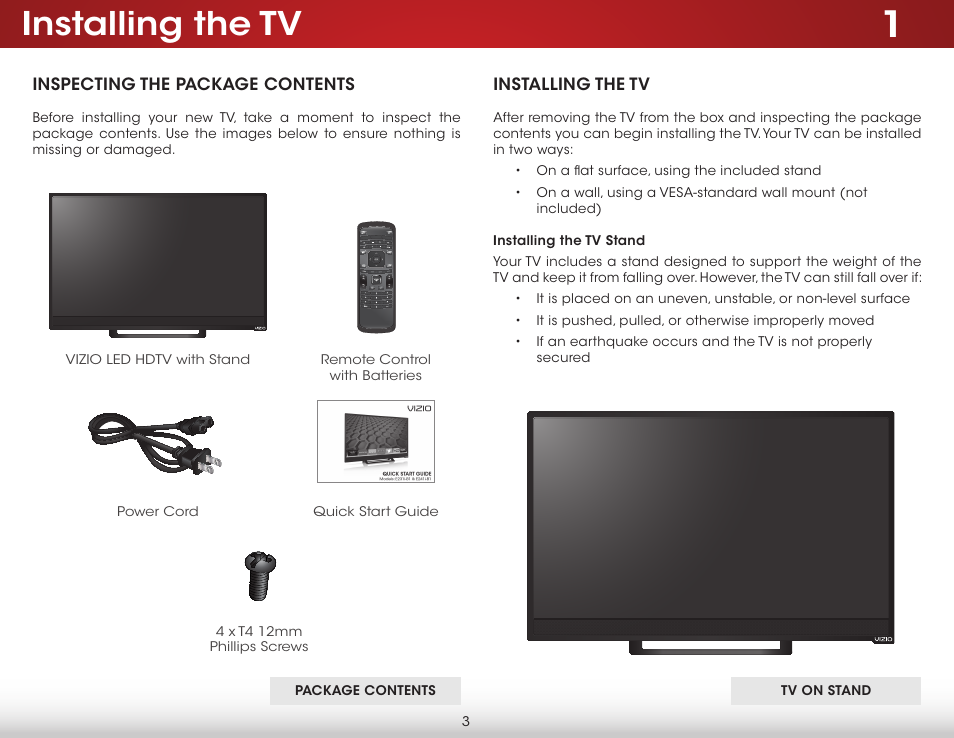 Installing the tv | Vizio E241i-B1 - User Manual User Manual | Page 9 / 77