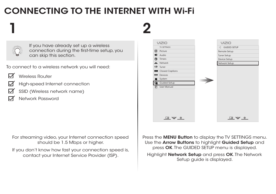 Connecting to the internet with wi-fi | Vizio E241i-B1 - Quickstart Guide User Manual | Page 16 / 24