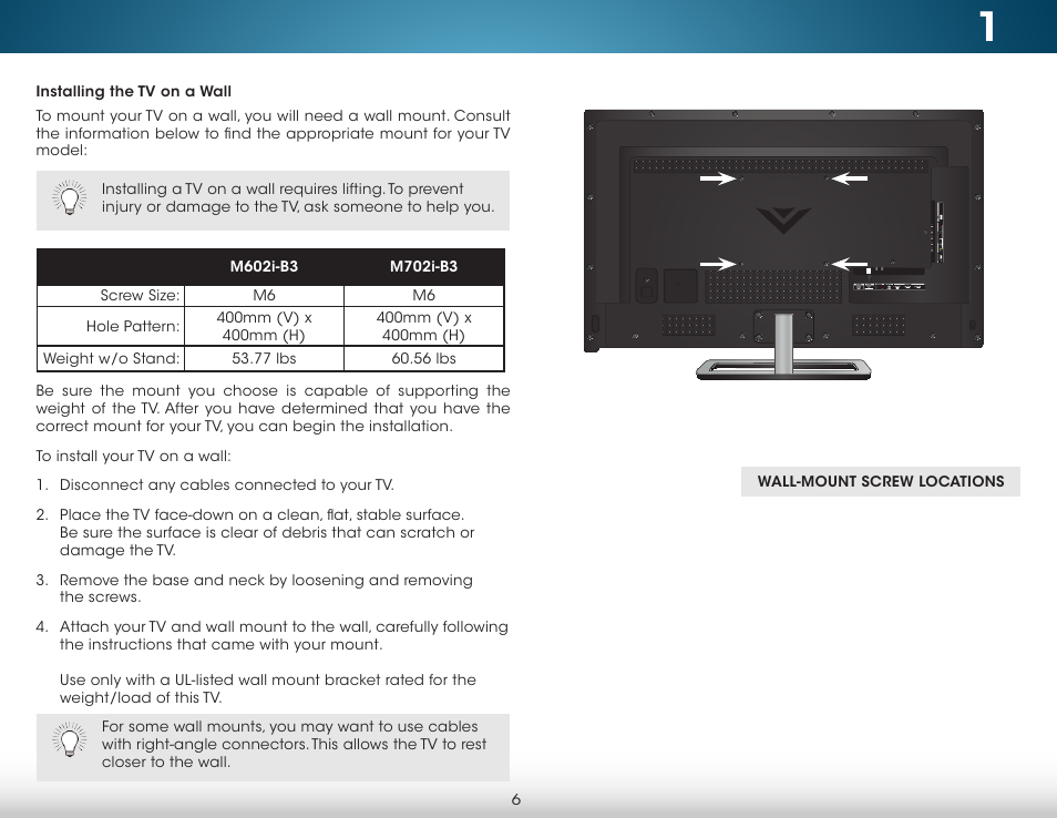 Installing the tv on a wall | Vizio M702i-B3 - User Manual User Manual | Page 12 / 76