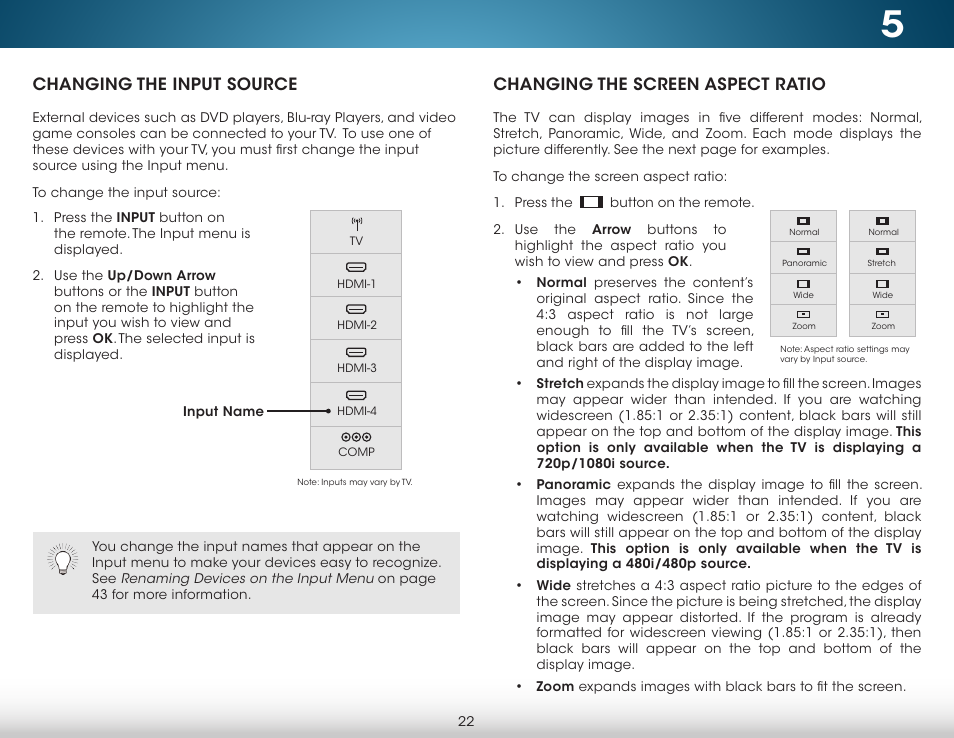 Changing the input source, Changing the screen aspect ratio | Vizio M702i-B3 - User Manual User Manual | Page 28 / 76
