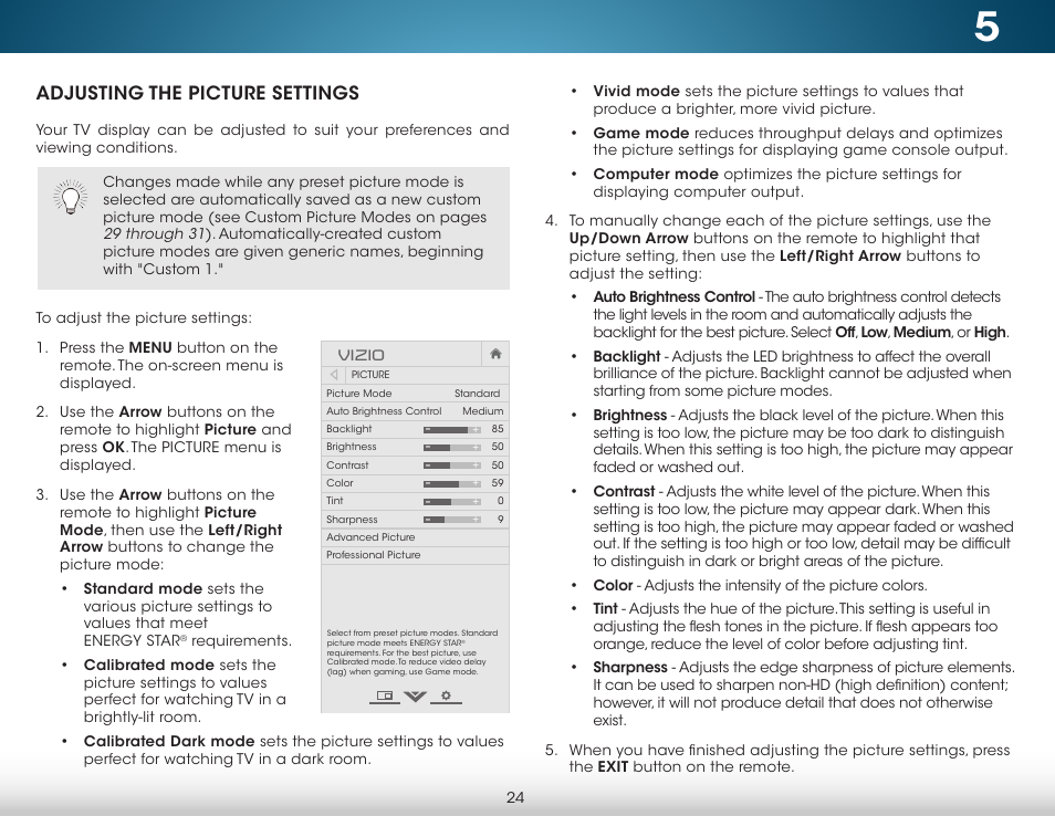 Adjusting the picture settings | Vizio M702i-B3 - User Manual User Manual | Page 30 / 76