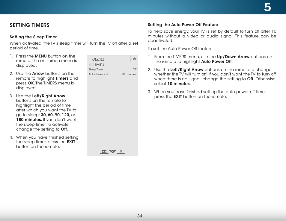 Setting timers, Setting the sleep timer, Setting the auto power off feature | Vizio M702i-B3 - User Manual User Manual | Page 40 / 76