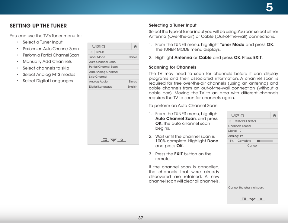 Setting up the tuner, Selecting a tuner input, Scanning for channels | Selecting a tuner input scanning for channels, Vizio | Vizio M702i-B3 - User Manual User Manual | Page 43 / 76