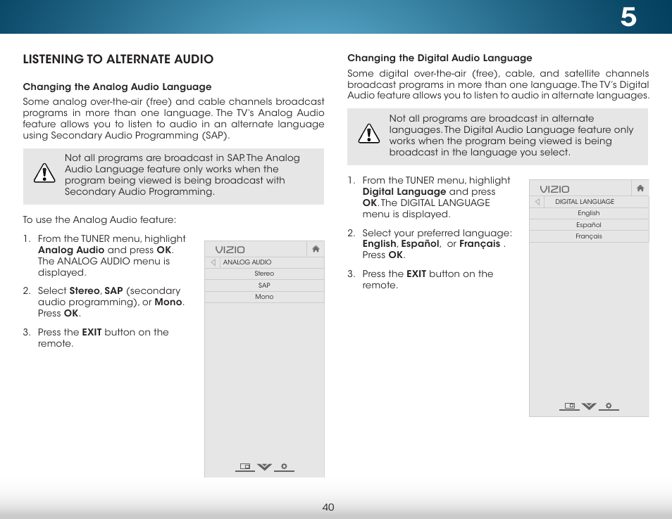 Listening to alternate audio, Changing the analog audio language, Changing the digital audio language | Vizio | Vizio M702i-B3 - User Manual User Manual | Page 46 / 76