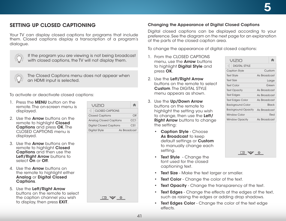 Setting up closed captioning, Changing the appearance of digital closed captions | Vizio M702i-B3 - User Manual User Manual | Page 47 / 76