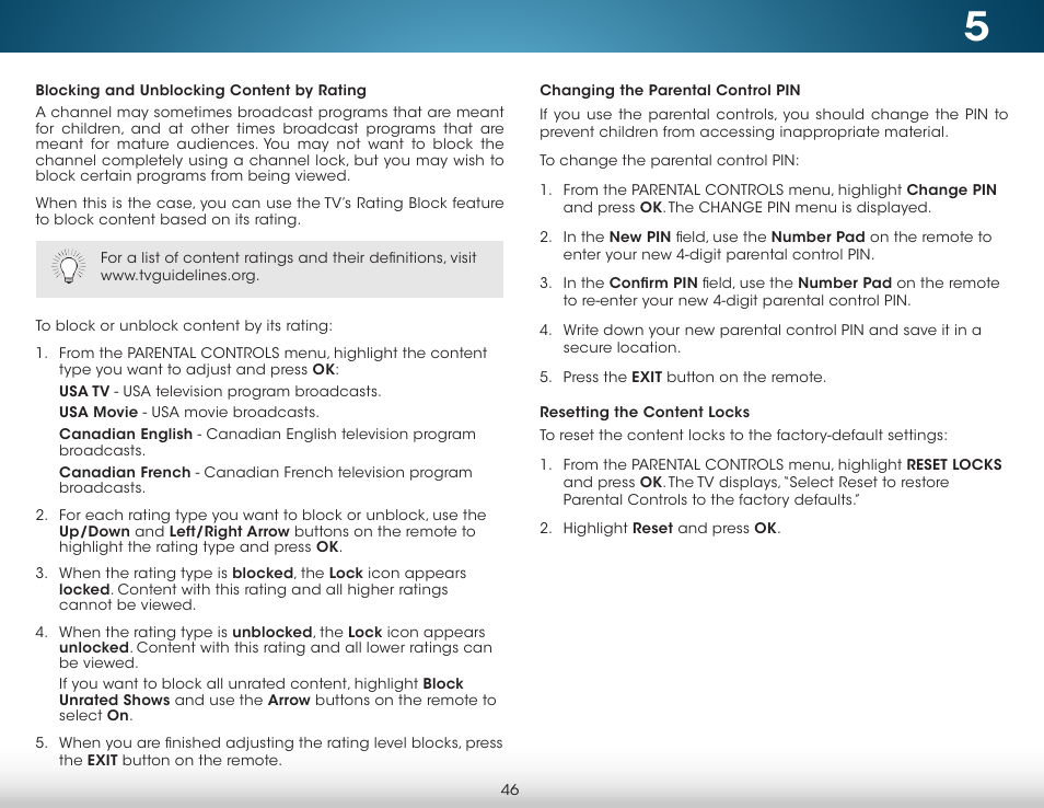 Blocking and unblocking content by rating, Changing the parental control pin, Resetting the content locks | Vizio M702i-B3 - User Manual User Manual | Page 52 / 76