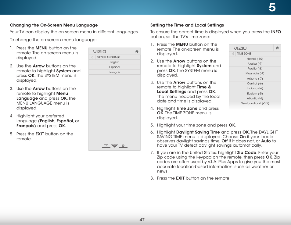 Changing the on-screen menu language, Setting the time and local settings, Vizio | Vizio M702i-B3 - User Manual User Manual | Page 53 / 76