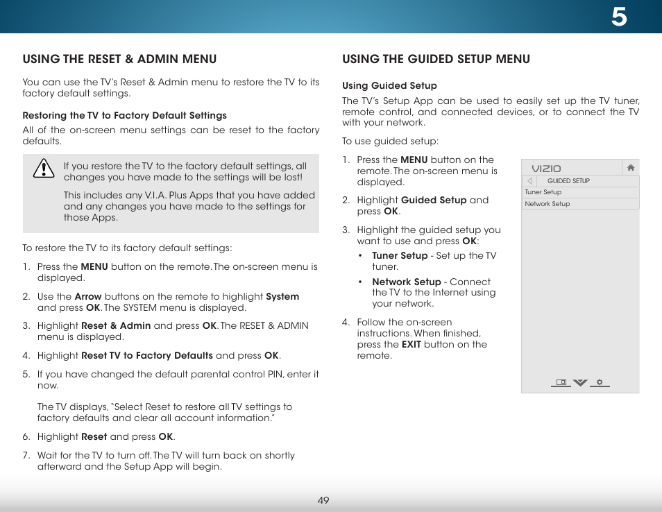 Using the reset & admin menu, Restoring the tv to factory default settings, Using the guided setup menu | Using guided setup, Using | Vizio M702i-B3 - User Manual User Manual | Page 55 / 76