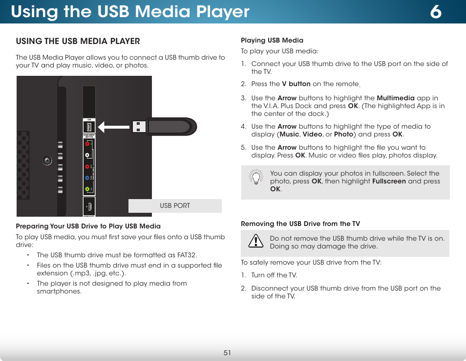 Using the usb media player, Preparing your usb drive to play usb media, Playing usb media | Removing the usb drive from the tv | Vizio M702i-B3 - User Manual User Manual | Page 57 / 76