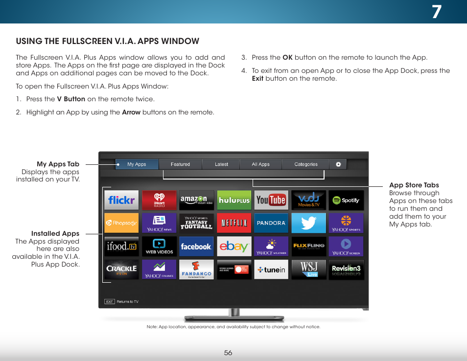 Using the fullscreen v.i.a. apps window | Vizio M702i-B3 - User Manual User Manual | Page 62 / 76