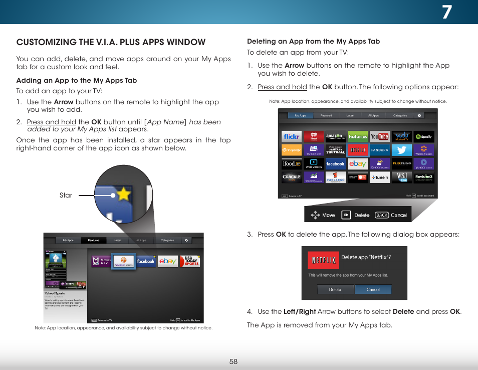 Customizing the v.i.a. plus apps window, Adding an app to the my apps tab, Deleting an app from the my apps tab | Vizio M702i-B3 - User Manual User Manual | Page 64 / 76