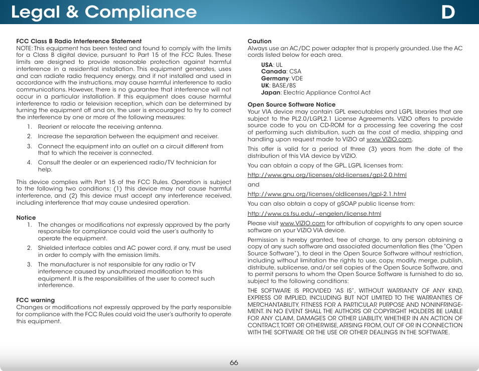 Legal & compliance | Vizio M702i-B3 - User Manual User Manual | Page 72 / 76