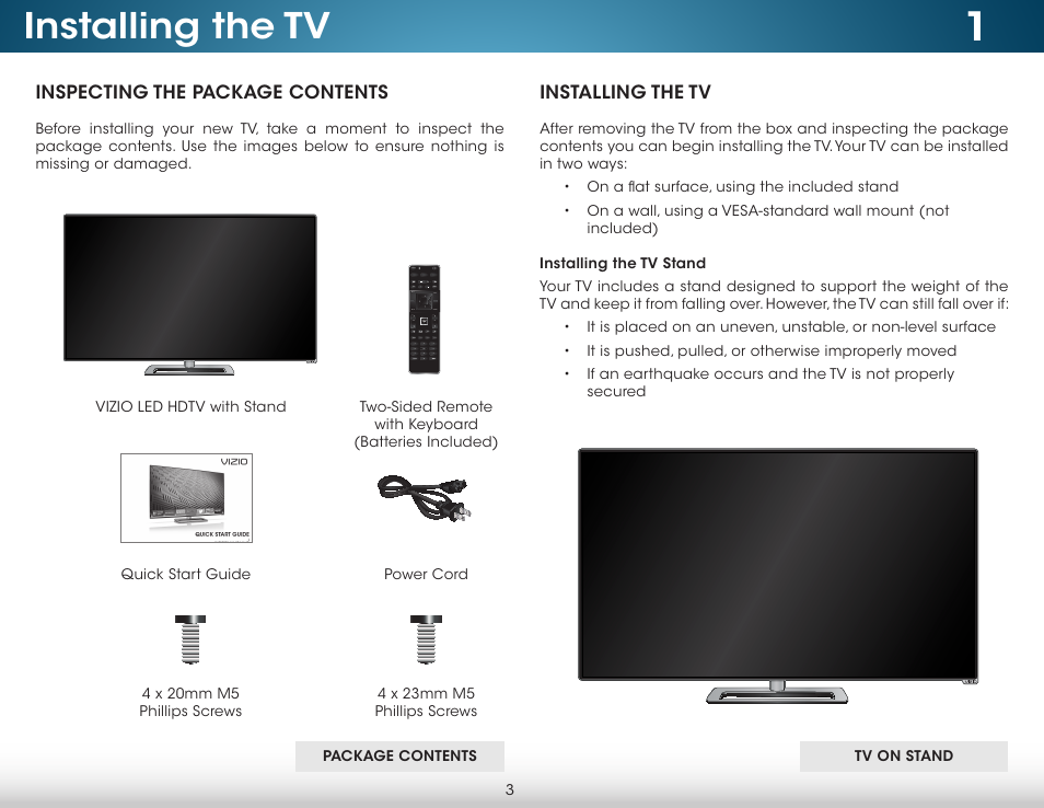 Installing the tv, Inspecting the package contents, Installing the tv stand | Inspecting the package contents installing the tv | Vizio M702i-B3 - User Manual User Manual | Page 9 / 76
