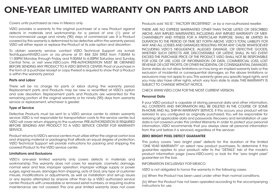 One-year limited warranty on parts and labor | Vizio M602i-B3 - Quickstart Guide User Manual | Page 26 / 28